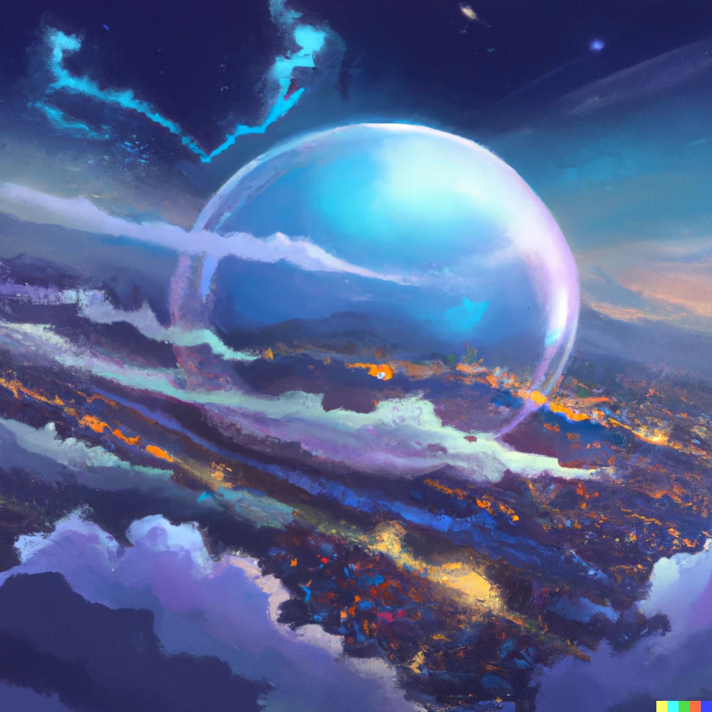Prompt: An HD digital anime painting of a big iridescent soap bubble floating above a landscape at night with starlit clouds and a fantasy town, bird's-eye overview from above the clouds, promotional poster for the movie Weathering With You (2021)
