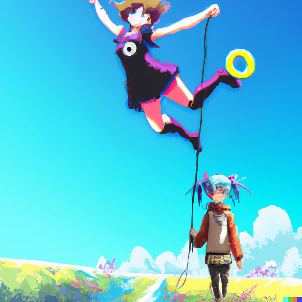 Prompt: Anime Key Visual of a Manic Pixie Dream Girl floating in zero gravity on a rope, another girl is walking below and holding that rope, no clouds, official media from No Game No Life (2014) by Yuu Kamiya