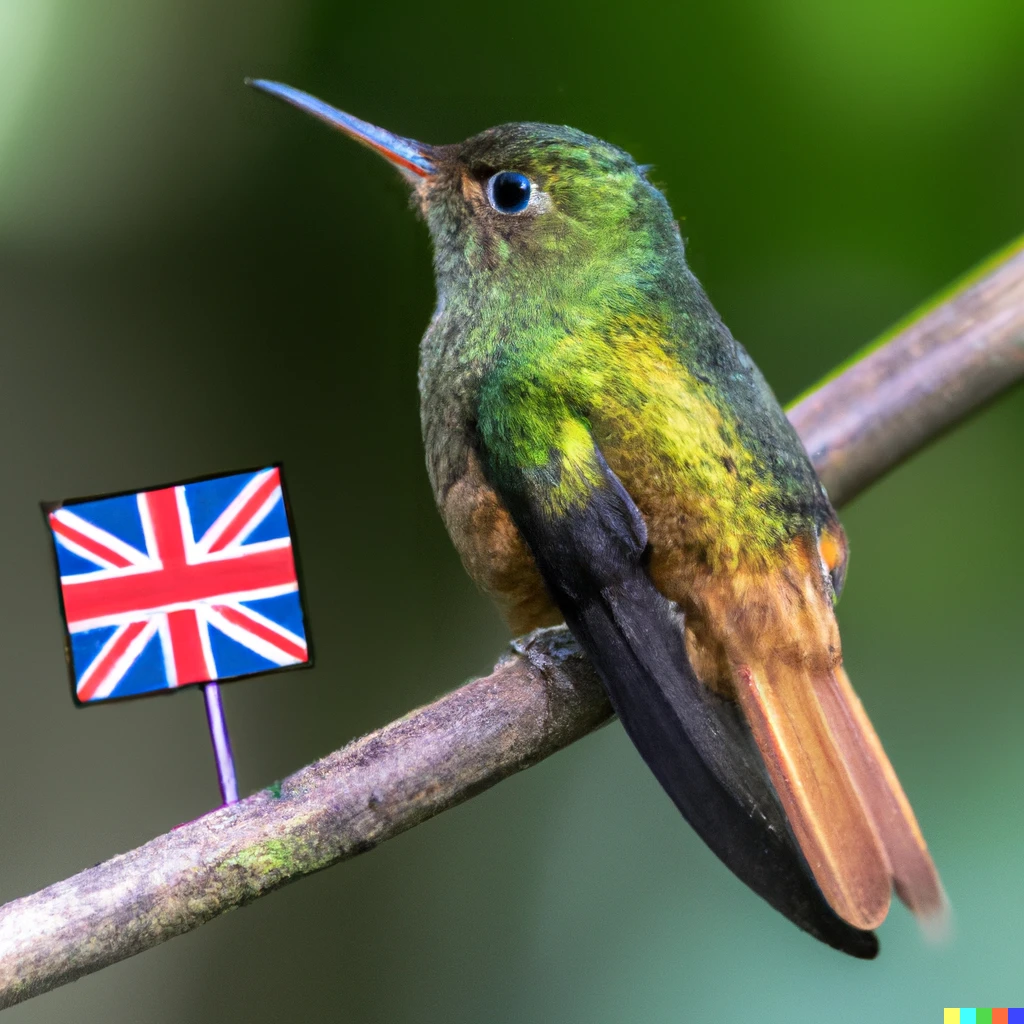 Prompt: A photograph of a golden hummingbird paying homage to the union jack