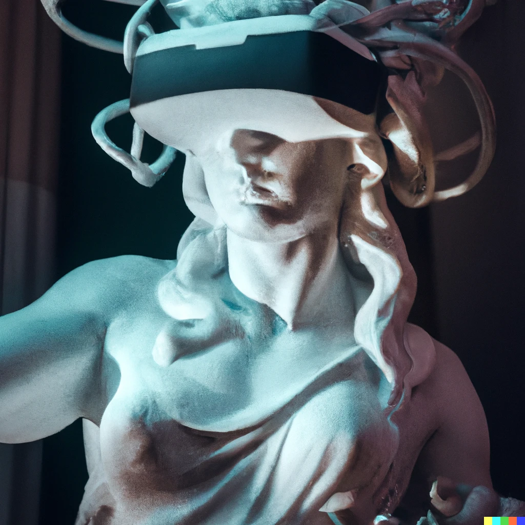 Prompt: marble sculpture of goddess medusa playing with oculus quest