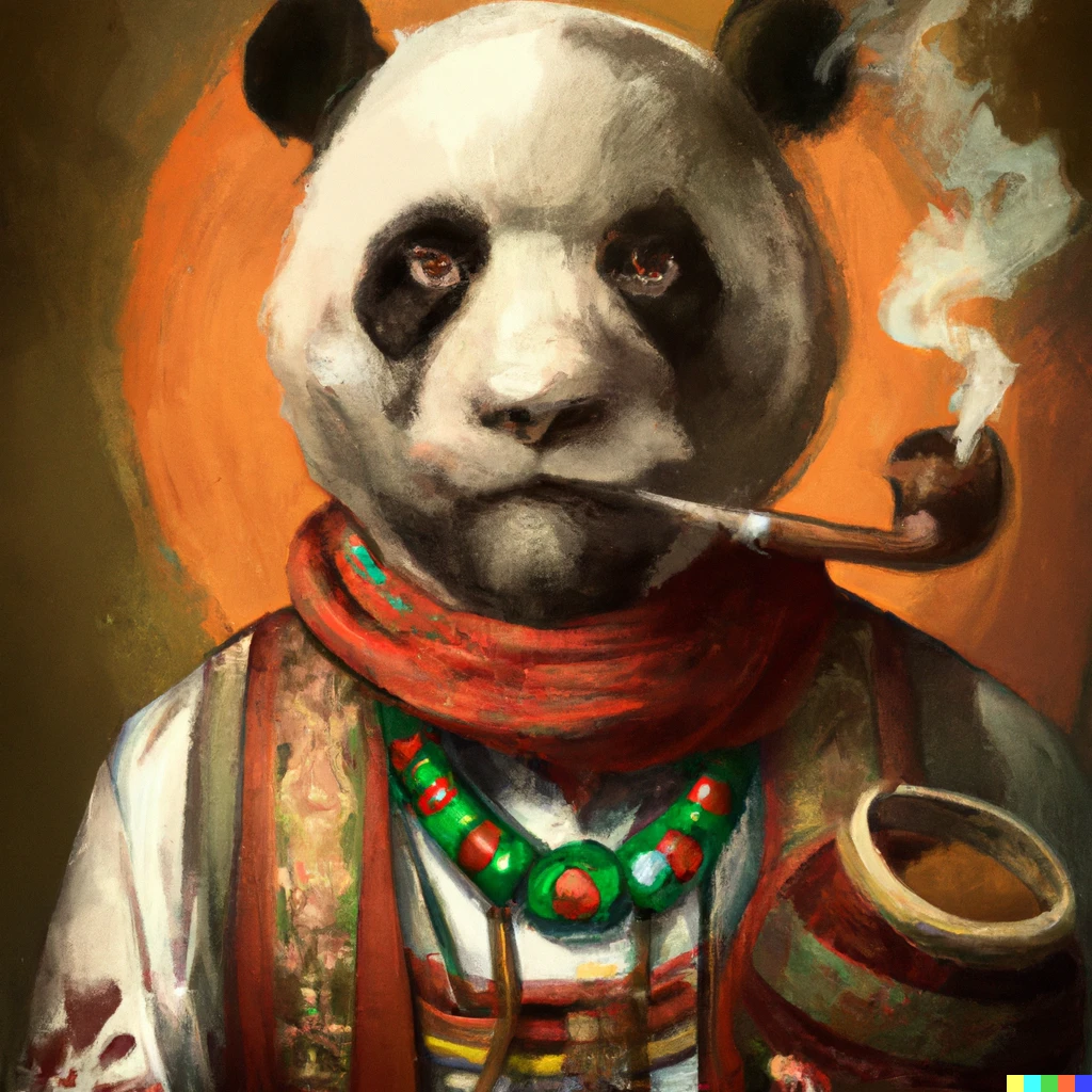 Prompt: AN ANGRY LOOKING PANDA WITH A ROUND GLASS AND A VINTAGE PIPE IN HIS INDIAN ETHNIC DRESS, DIGITAL ART