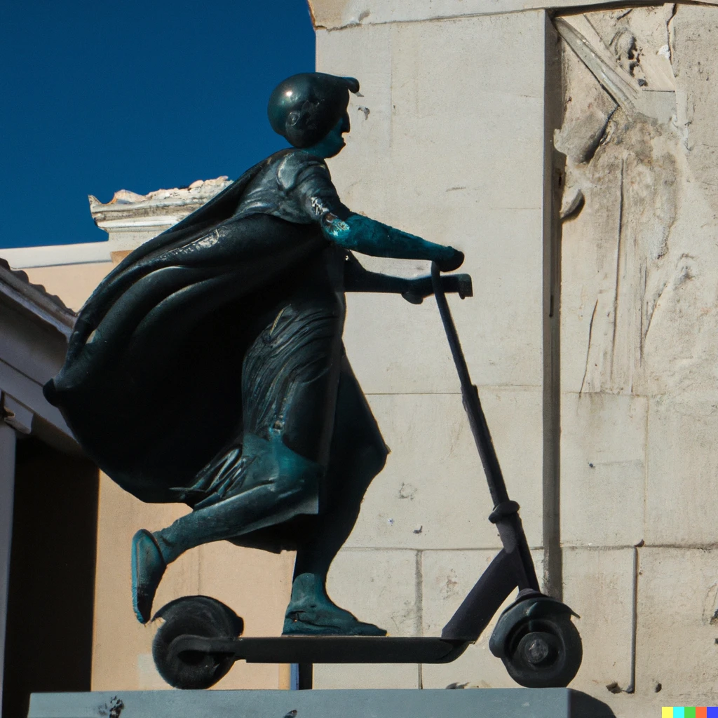Prompt: A photo of a Ancient Greek statue riding an electric scooter