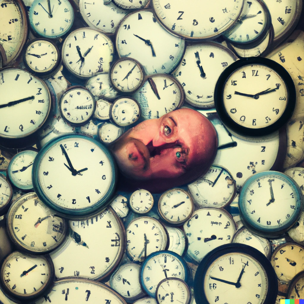 Prompt: An abstract picture of a man drowning in a sea of clocks
