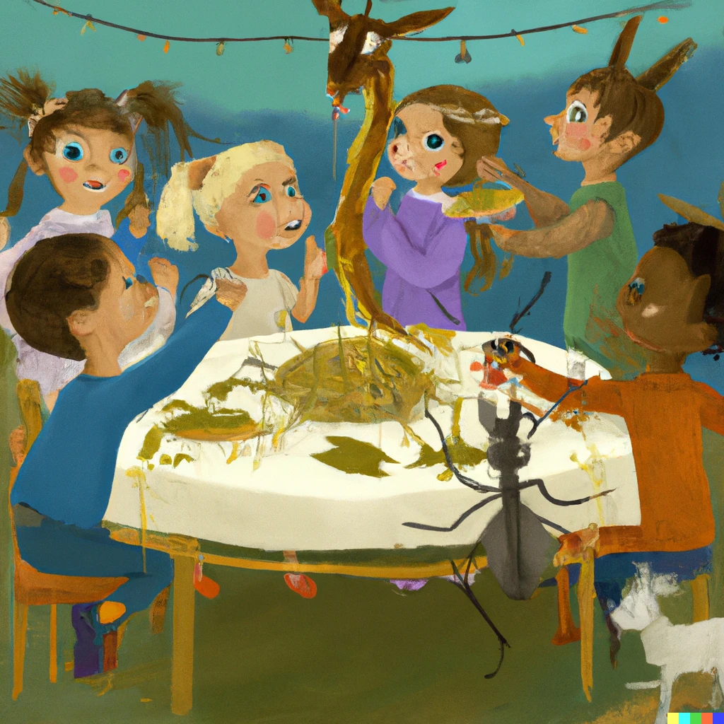 Prompt: Children having Thanksgiving dinner with grasshoppers and goats