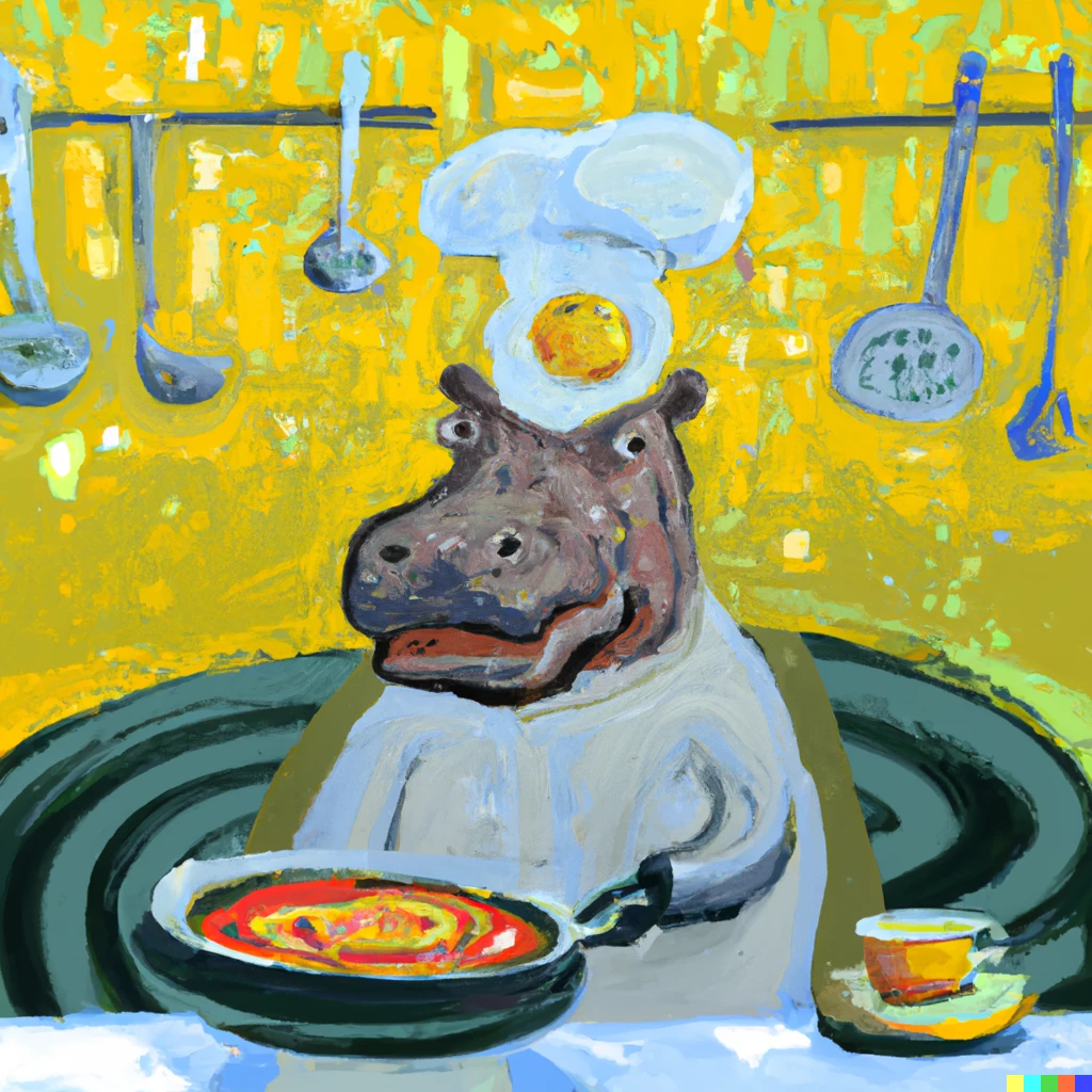 Prompt: An impressionist oil painting of a hippo chef in a kitchen cooking spaghetti bolognese