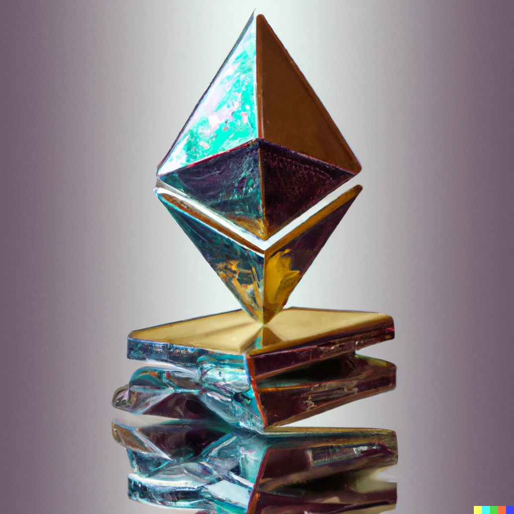 Prompt: Photo of Ethereum statue made out of bismuth, graphic art