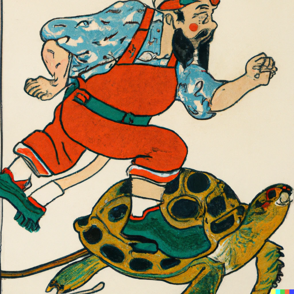 Prompt: A japanese Ukiyo-e print of a plumber with a large mustache dressed in red overalls. The plumber is jumping over a turtle.