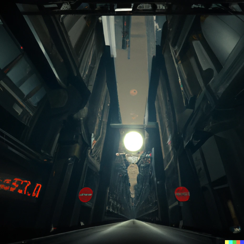 Prompt: A wide field of view first-person perspective of a dystopian sci-fi city street with a heads up display