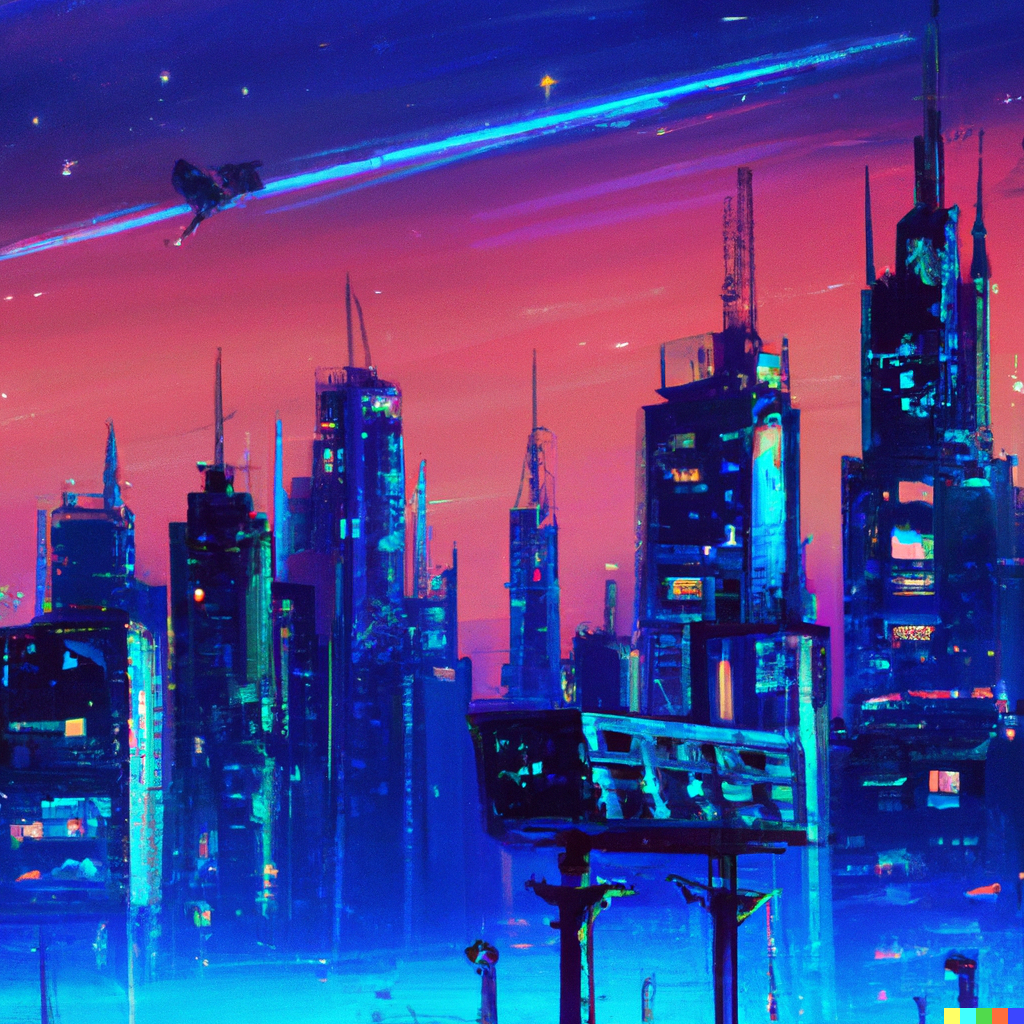 Cyrus × DALL·E | A picture of a blade runner-like cityscape in the year ...
