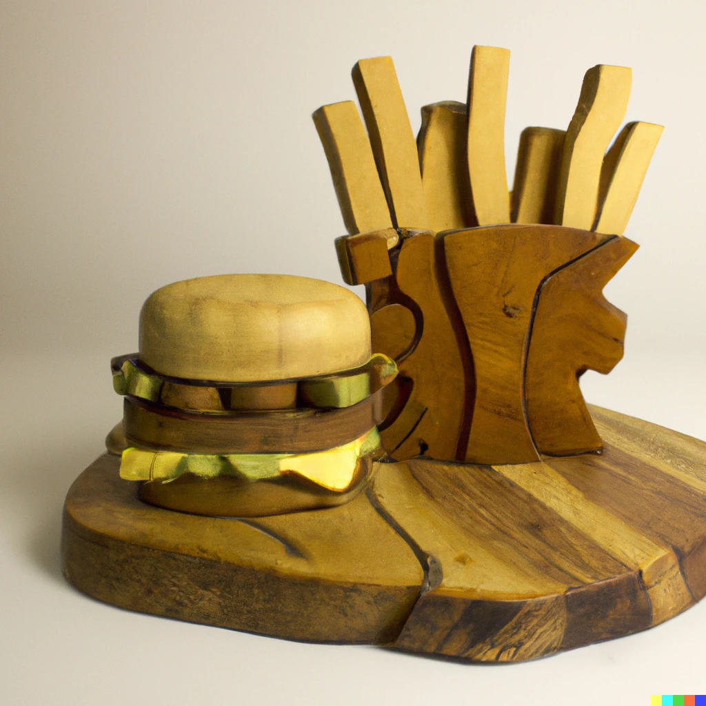 Prompt: A wood carving of a hamburger and french fries.