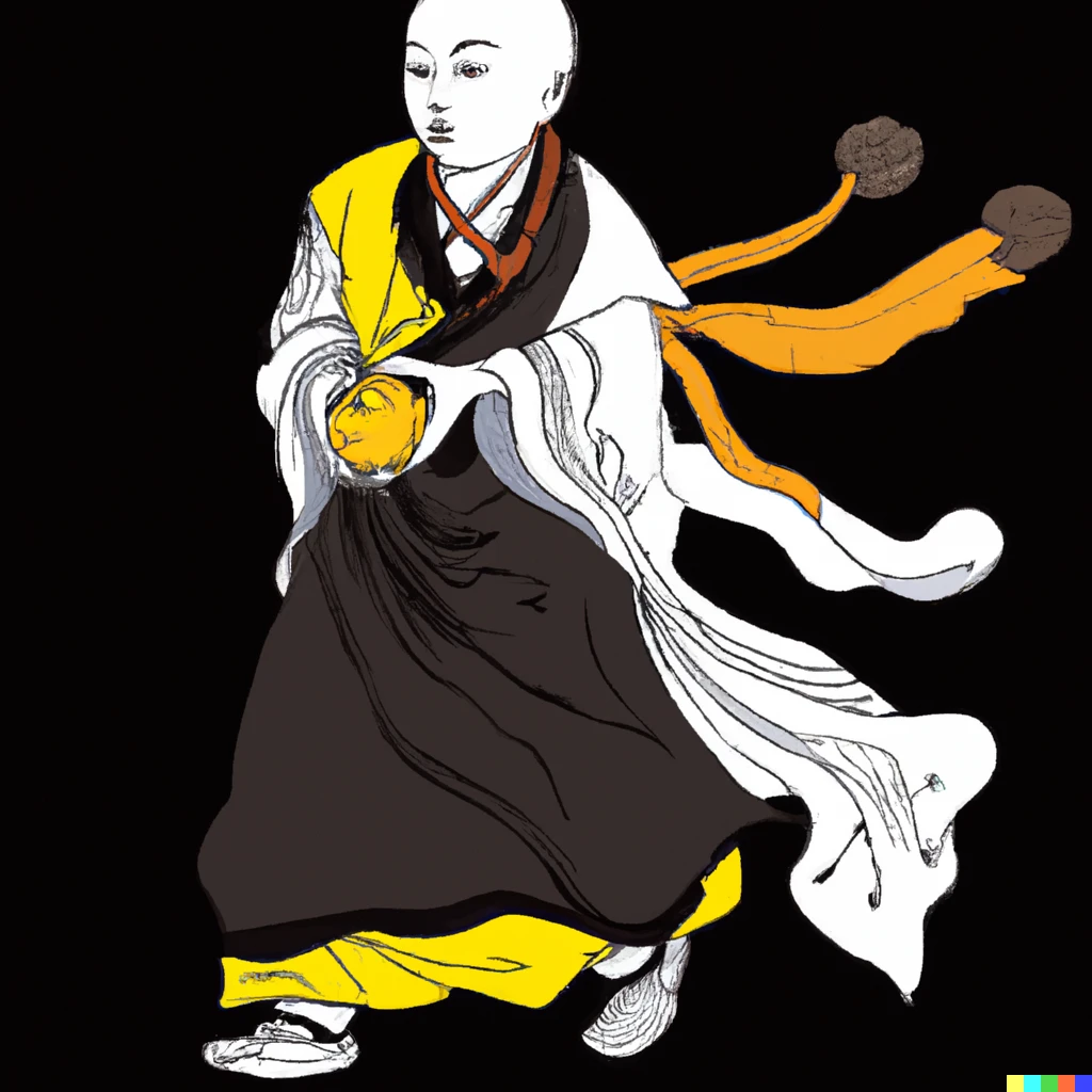 Prompt: A hooded figure wearing off white and black. He carries a lemon in one hand and a blizzard on his hip. Drawn in a Tibetan monk style.