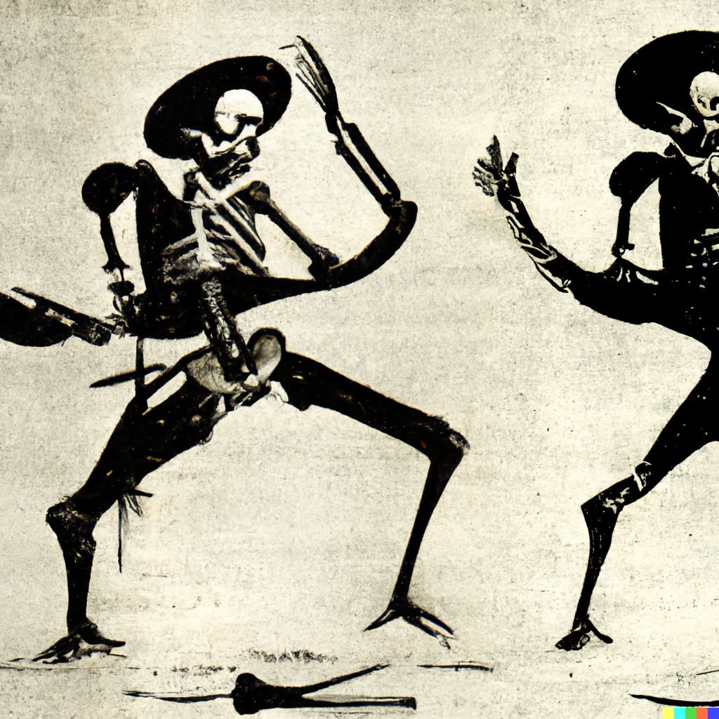 Krrrl × DALL·E 2 | Black and white print of two skeletons dancing in ...