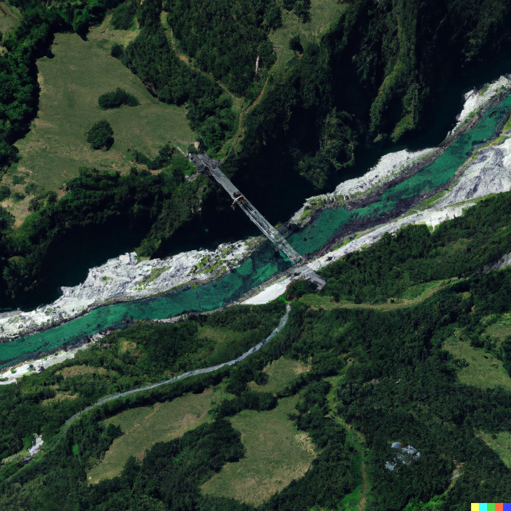 Prompt: A satellite image of a bridge over a river next to mountains