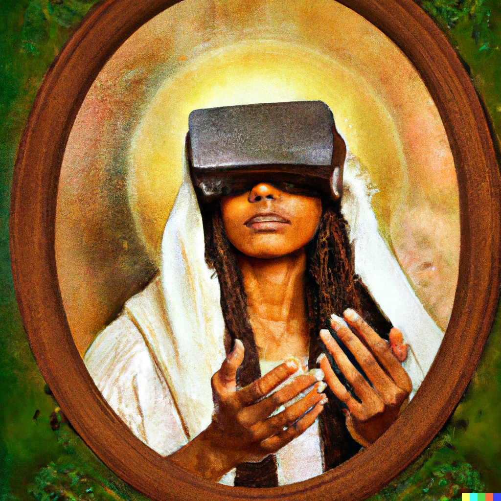 Prompt: Ethiopian woman as Jesus with dark skin, hand in raised blessing, very detailed beautiful green eyes, holding a virtual reality headset as if it were her baby" by Fra Angelico on old canvas, on an ornate frame
