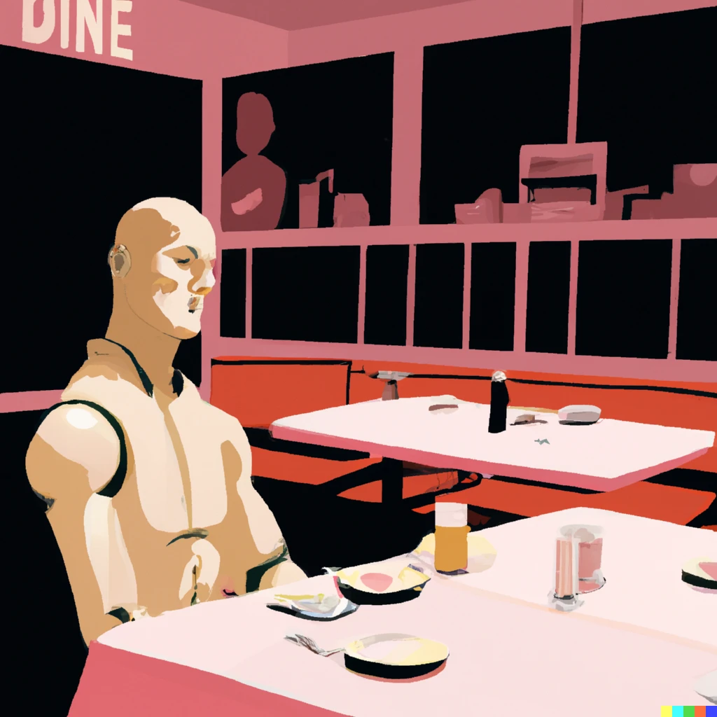 Prompt: A humanoid A.I becoming conscious in a diner in the style of Edward hopper 