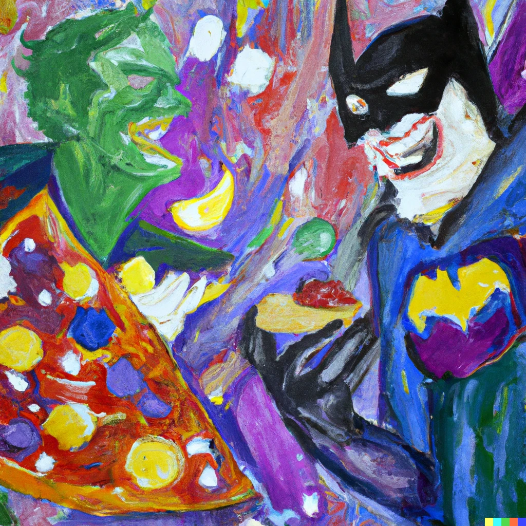 Prompt: An Abstract Expressionist painting of Batman sharing a pizza with the Joker in the cosmos 