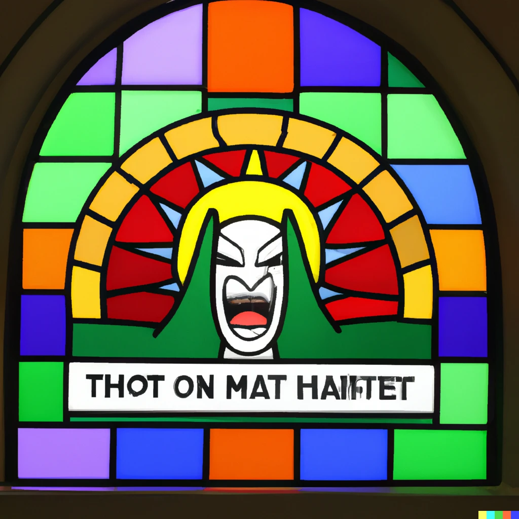 Prompt: a stained glass window depicting Internet Hate as a Human Being