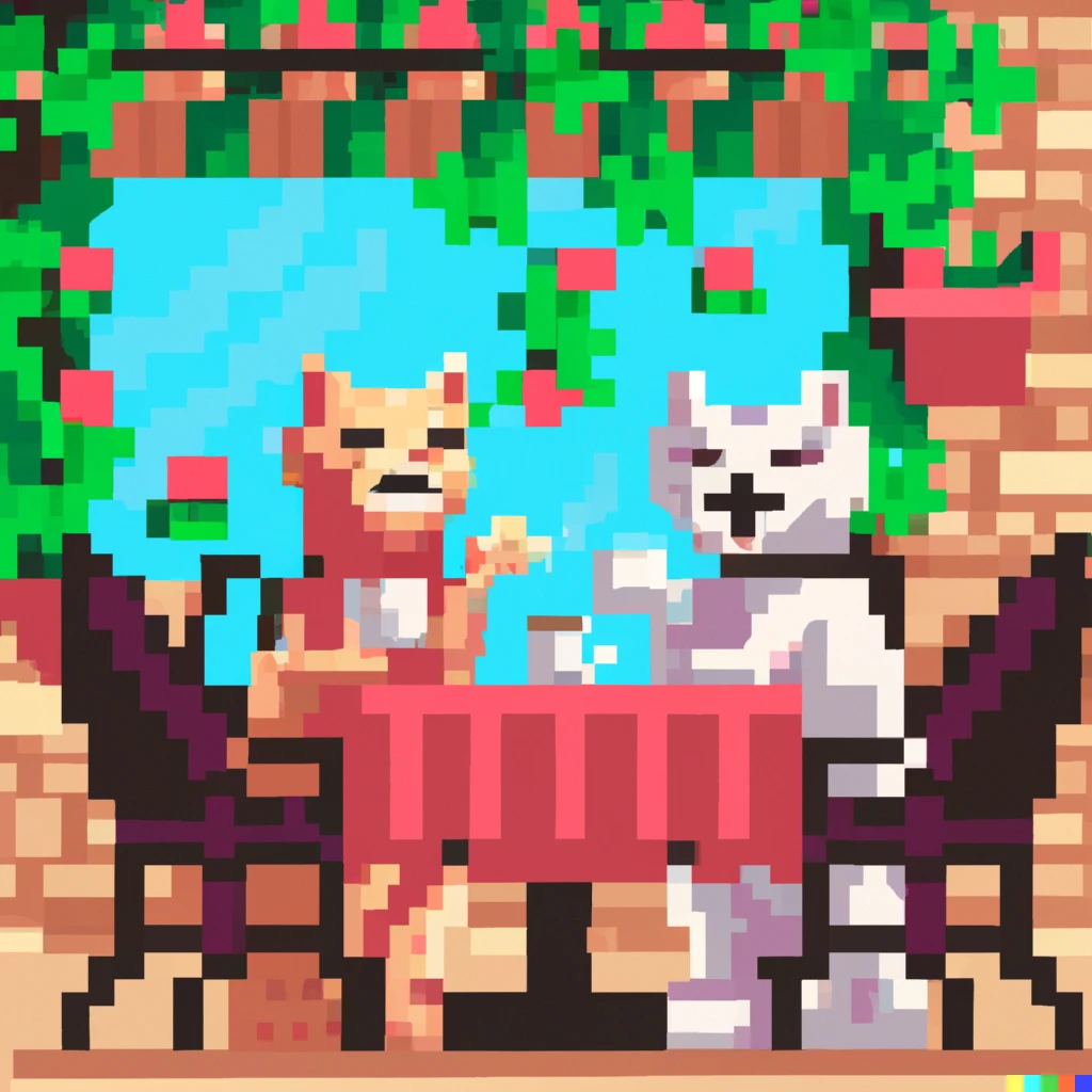 Prompt: Two cats drinking coffee at an outdoor café, pixel art