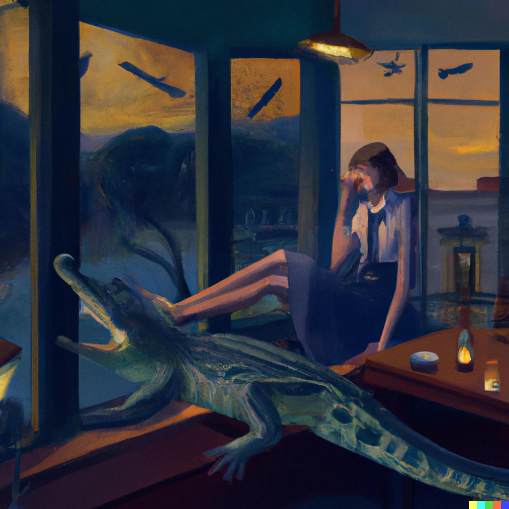 Prompt: Edward Hopper nighthawk painting but with crocodiles instead of people