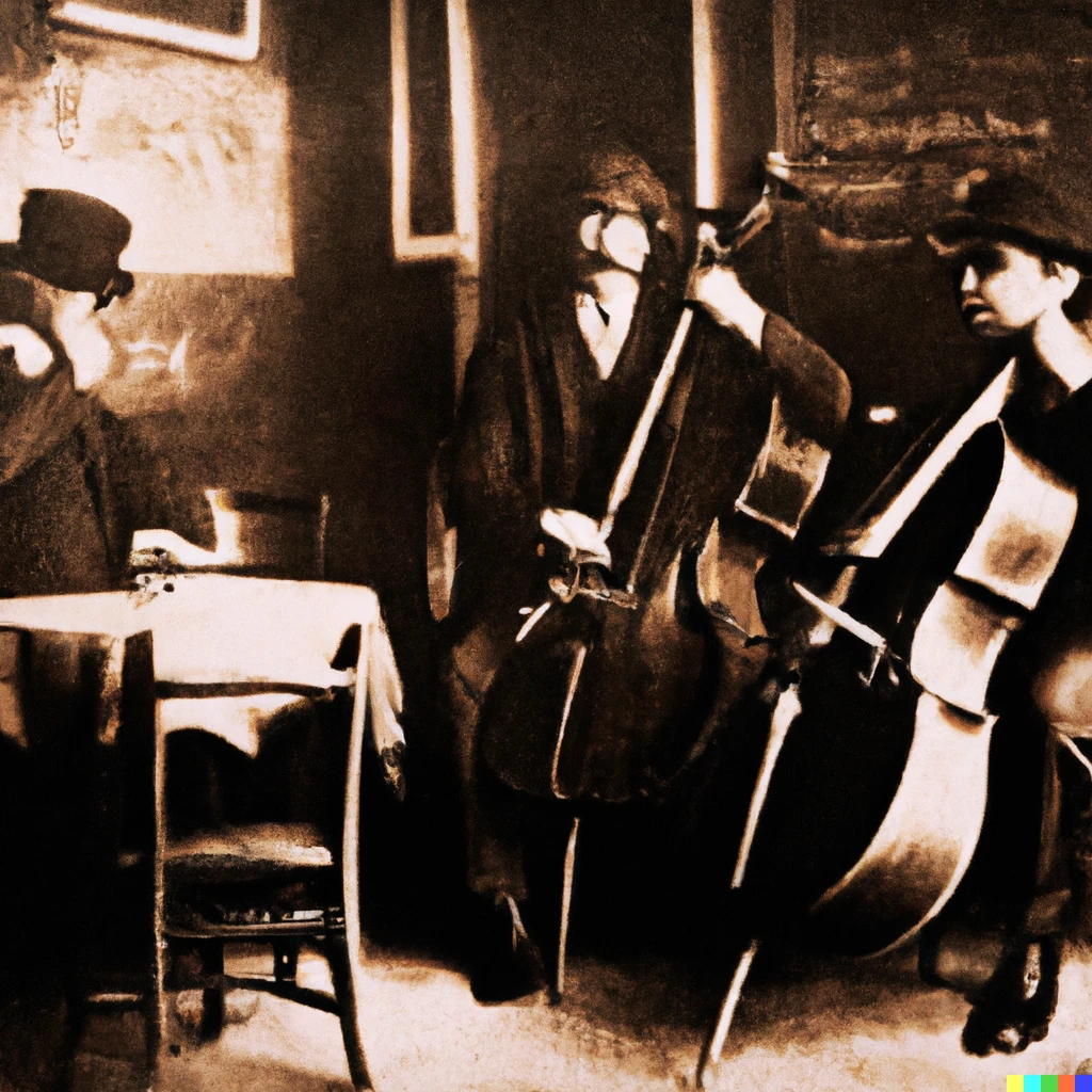 Prompt: Philosophers playing cello in an Italian cafe in the 1920s. 