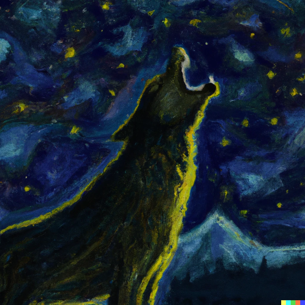 Prompt: A van Gogh style painting of a wolf howling on a starry night 