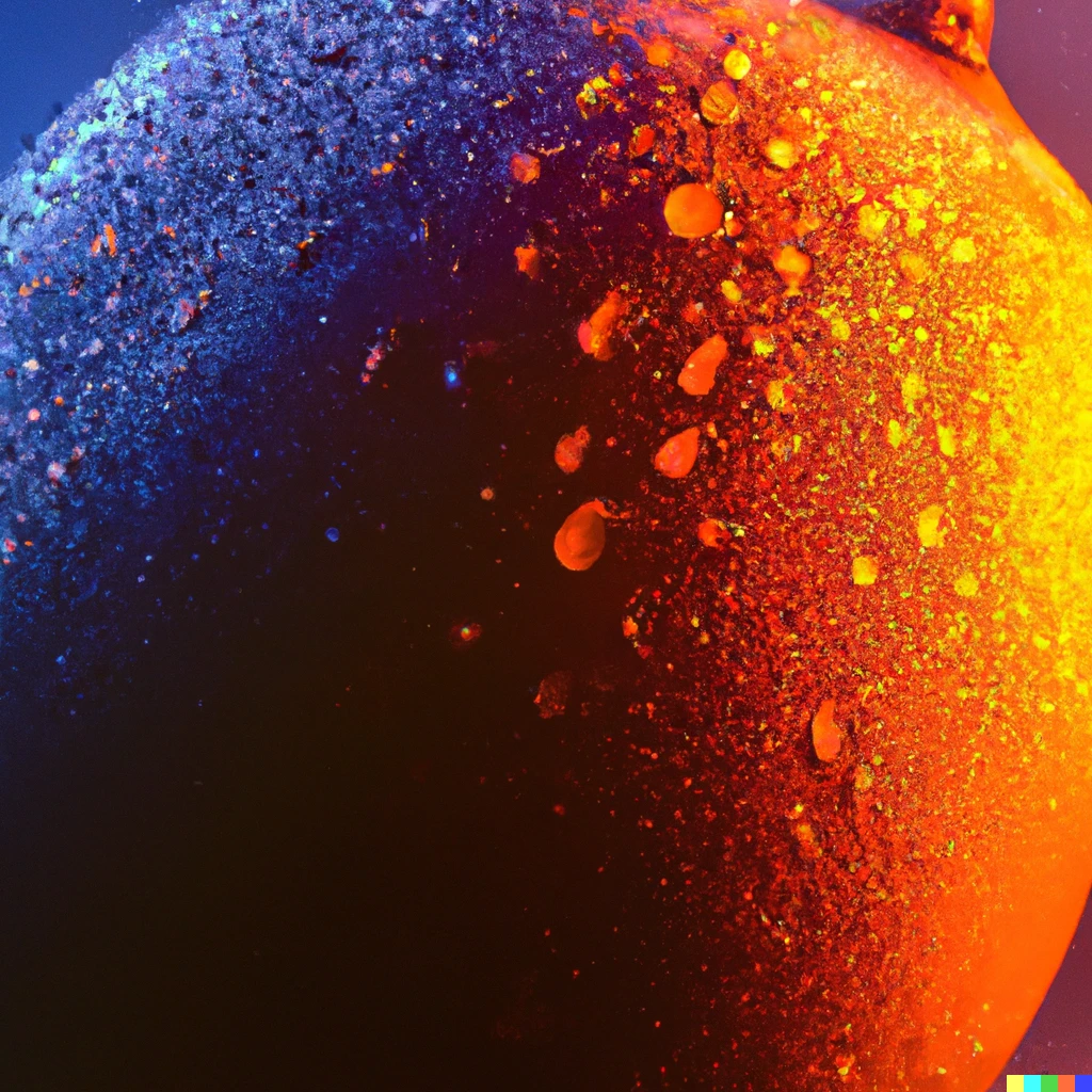 Prompt: Realistic photo of water droplets on a mango in neon lighting.