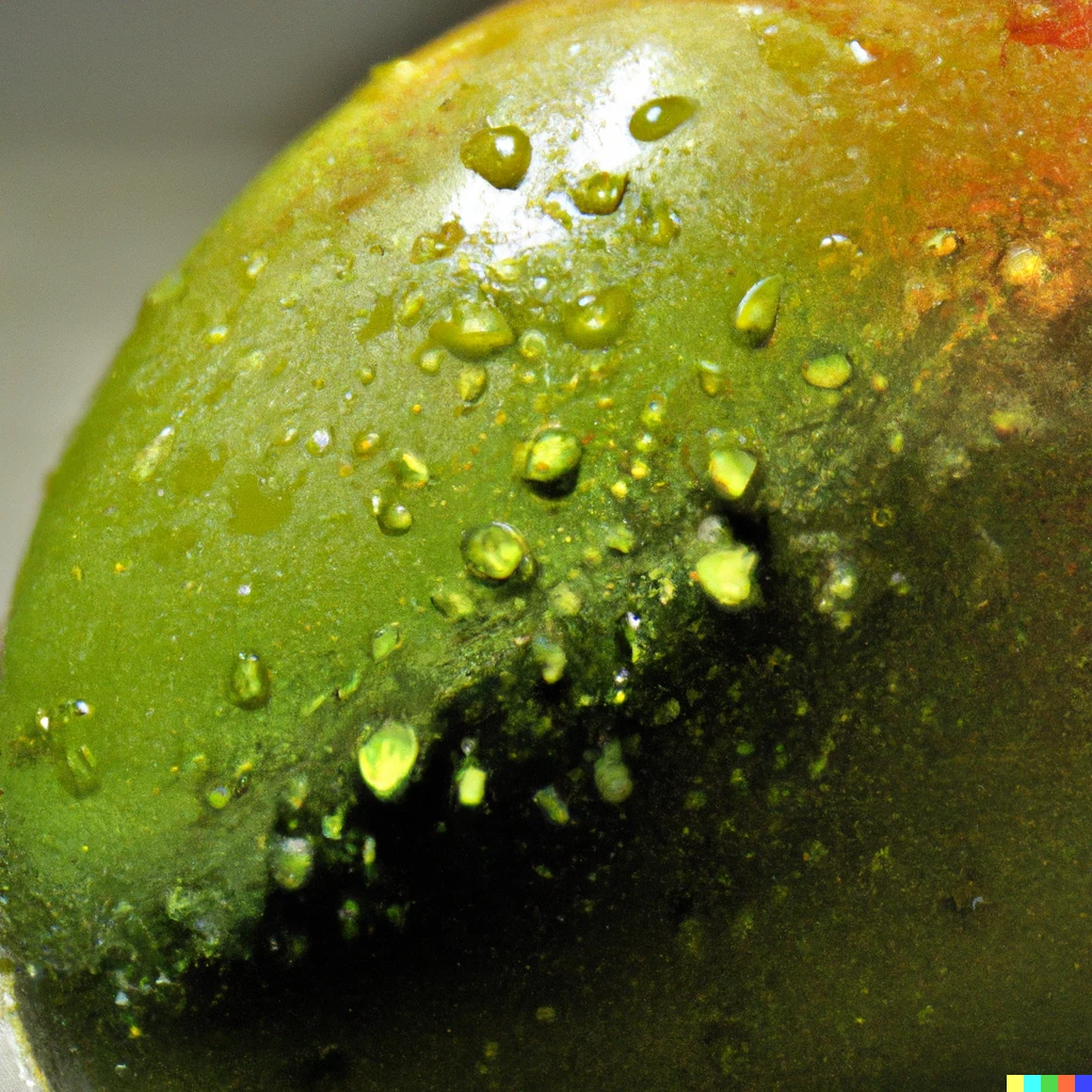 Prompt: Realistic photo of water droplets on a mango in natural lighting.