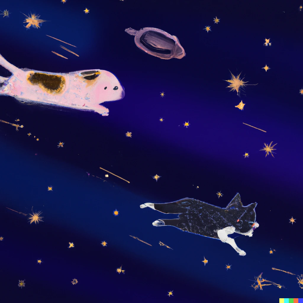 Prompt: A dog flying in the sky and a cat crossing the Milky Way
