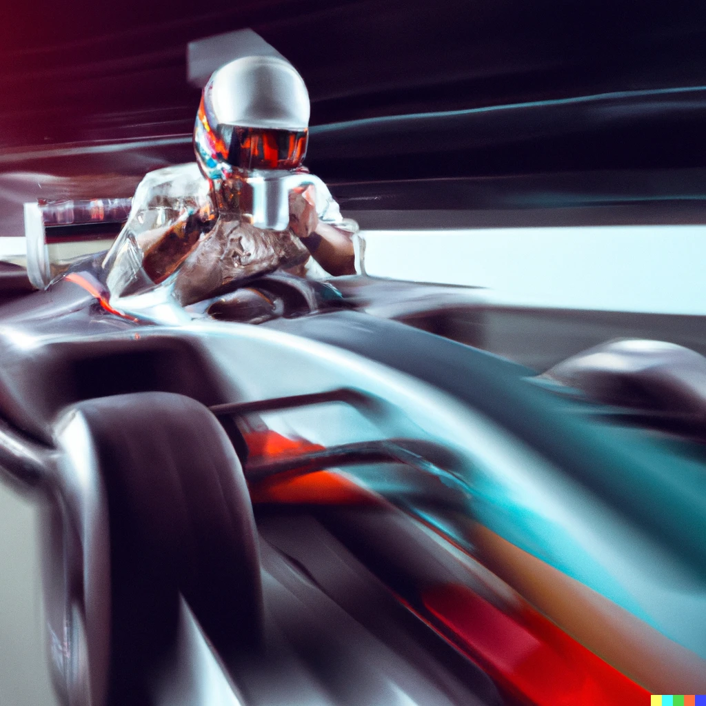 Prompt: F1 driver drinking coffe in high speed