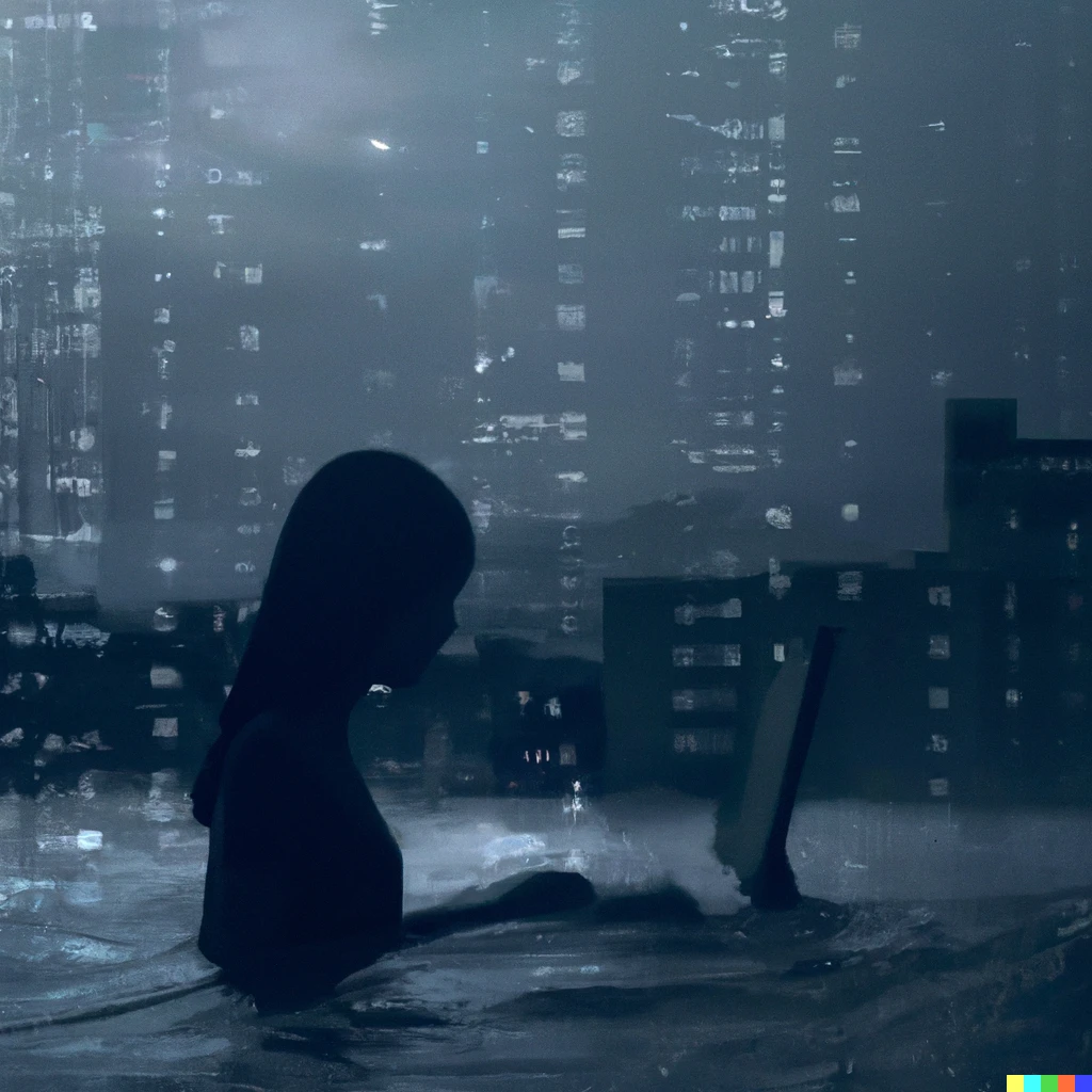 Prompt: a person coding on computer while drowning in flood in city digital art