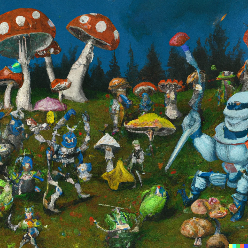 Prompt: renaissance painting of a large battle between robots and smurfs on a field of mushrooms 