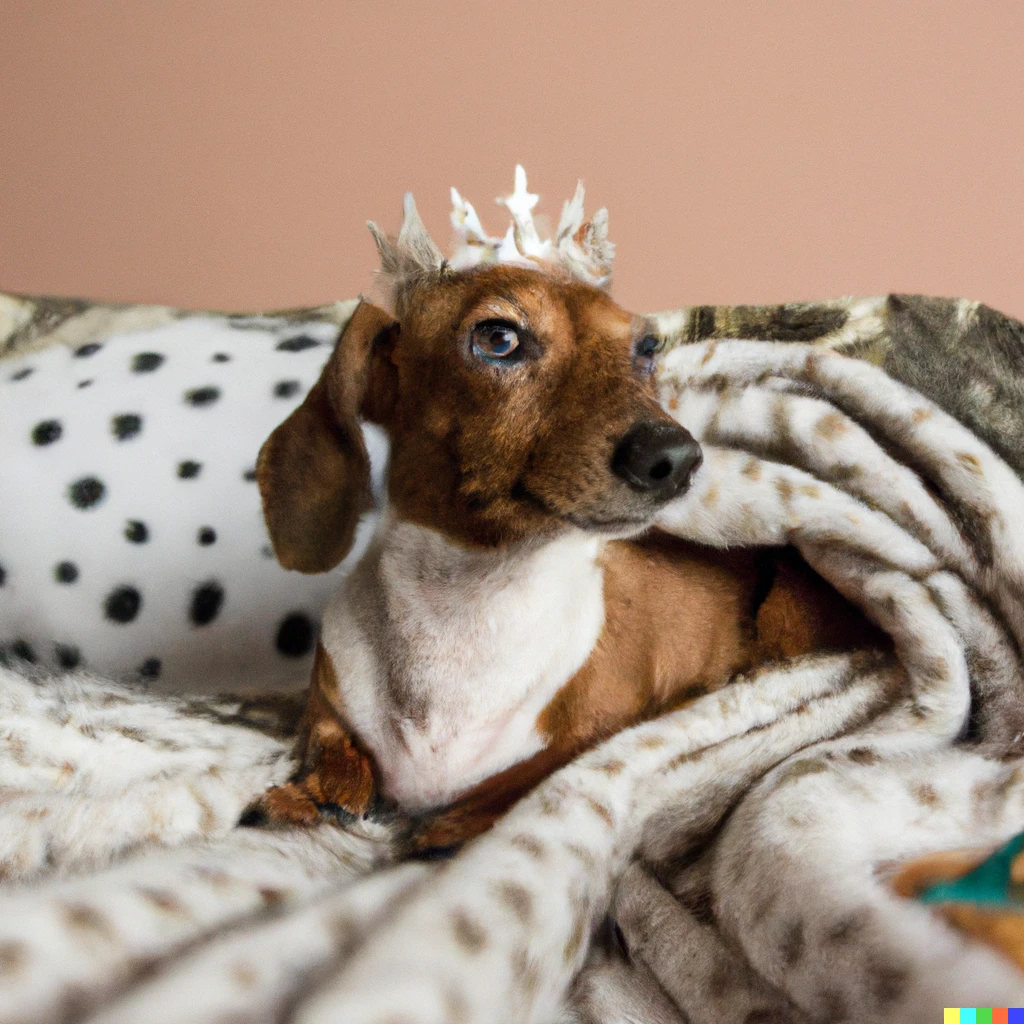 Prompt: Brown and white
 mini dachshund with a crown on a pile of blankets