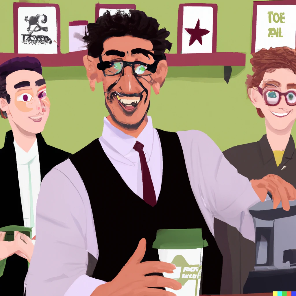 Prompt: Jeff Goldblum as a barista in a busy Starbucks