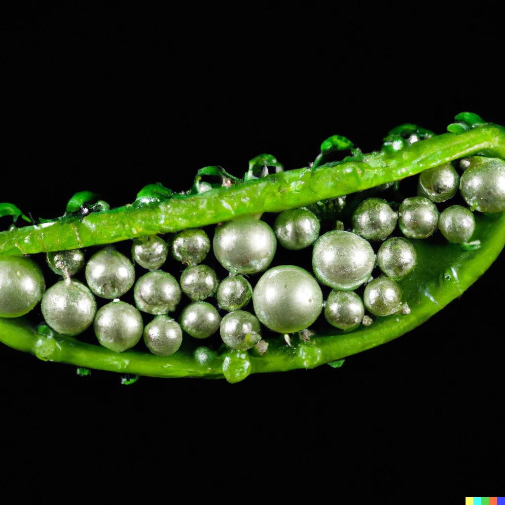 Prompt: A green pea pod full of pearls and diamonds