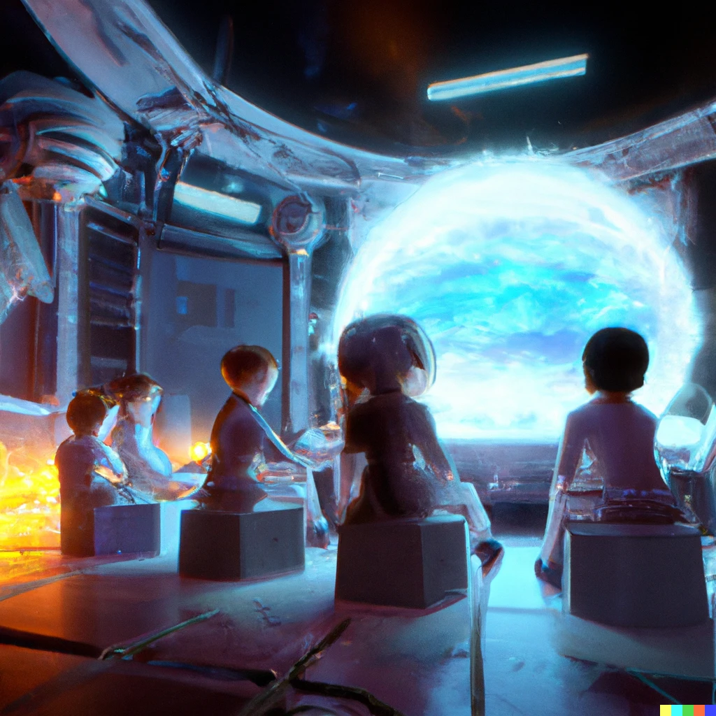 Prompt: Classroom of children on a space station learning about dyson spheres from an ethereal hologram projected in the center of the room, digital art