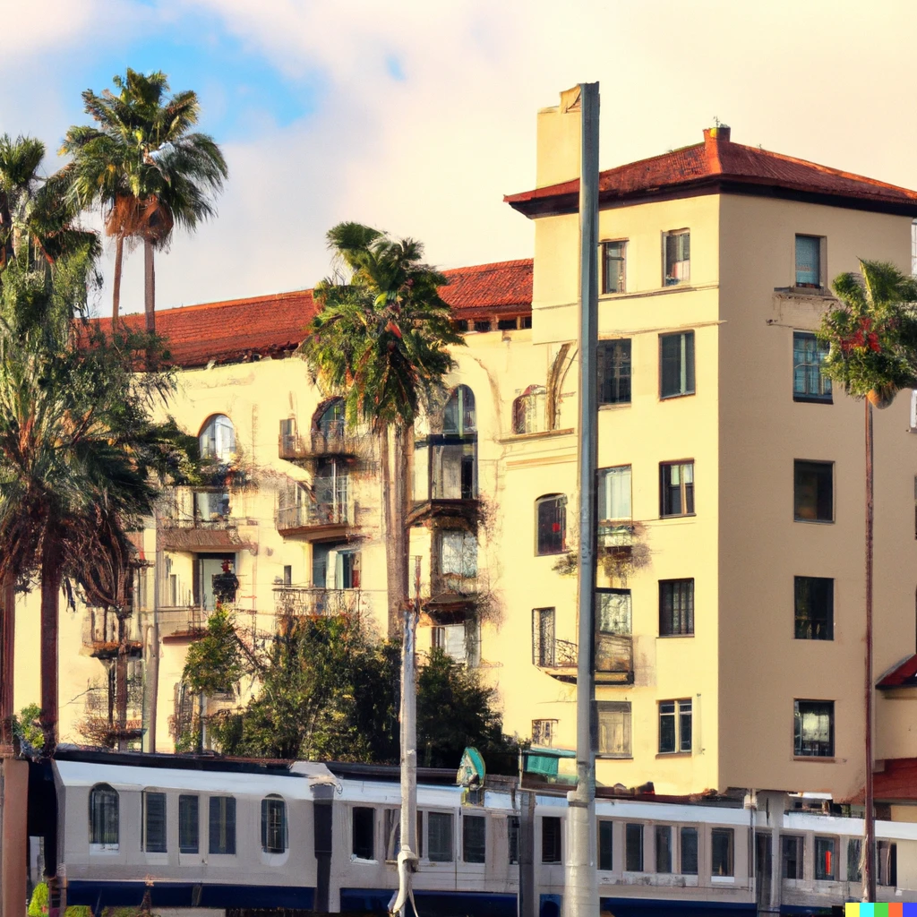 Prompt: Tall apartments with ground floor retail in the Spanish revival architecture style surrounded by Palm Trees. A light rail train is operating nearby.