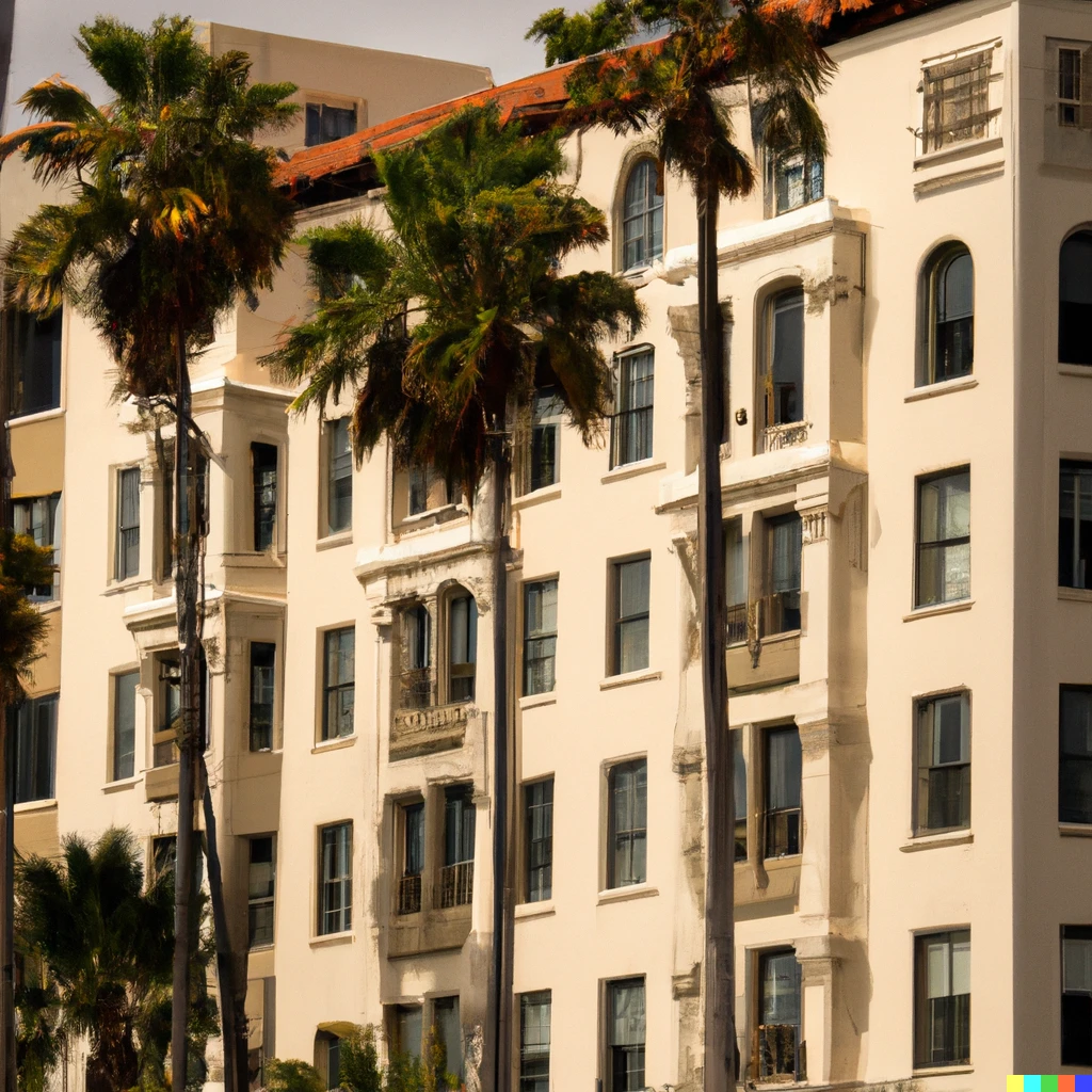 Prompt: Tall apartments with ground floor retail in the Spanish revival architecture style surrounded by Palm Trees