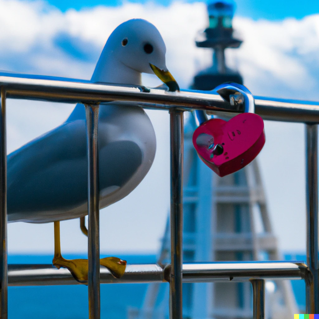 Prompt: I met Nomakey, the half-seagull, half-lighthouse mascot for the seaside town of Mihama, Japan, where young lovers attach padlocks to the local lighthouse for good luck.
