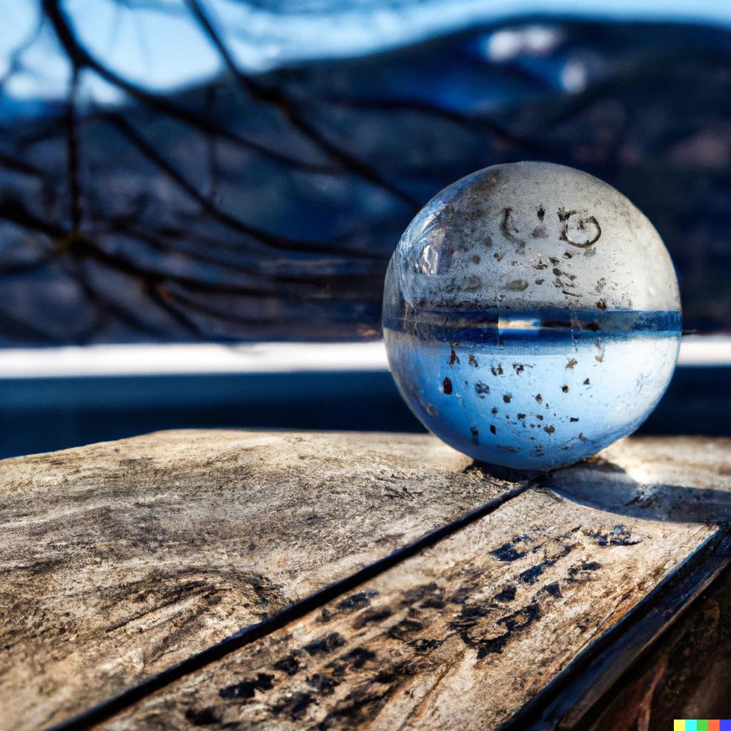 Prompt: The Schrodinger equation as an engraving in a glass sphere on an old wooden table at the edge of a lake in the mountains in winter.
