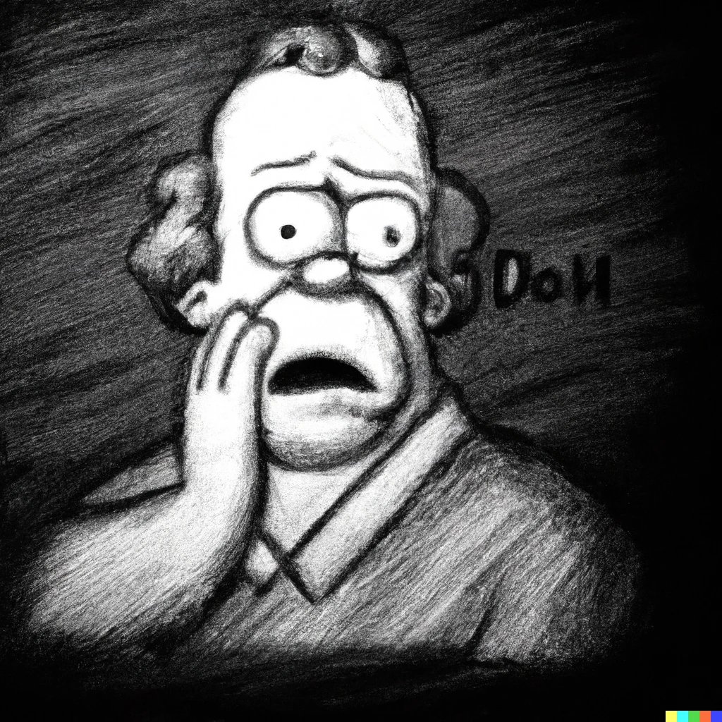 Prompt: Homer Simpson says "D'oh" in the style of a Rembrandt van Rijn as a charcoal drawing.