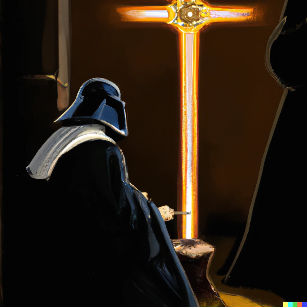 Prompt: Depiction of a kneeling Darth Vader with a lightsaber in front of Jesus Christ on the cross in the style of Johannes Vermeer.