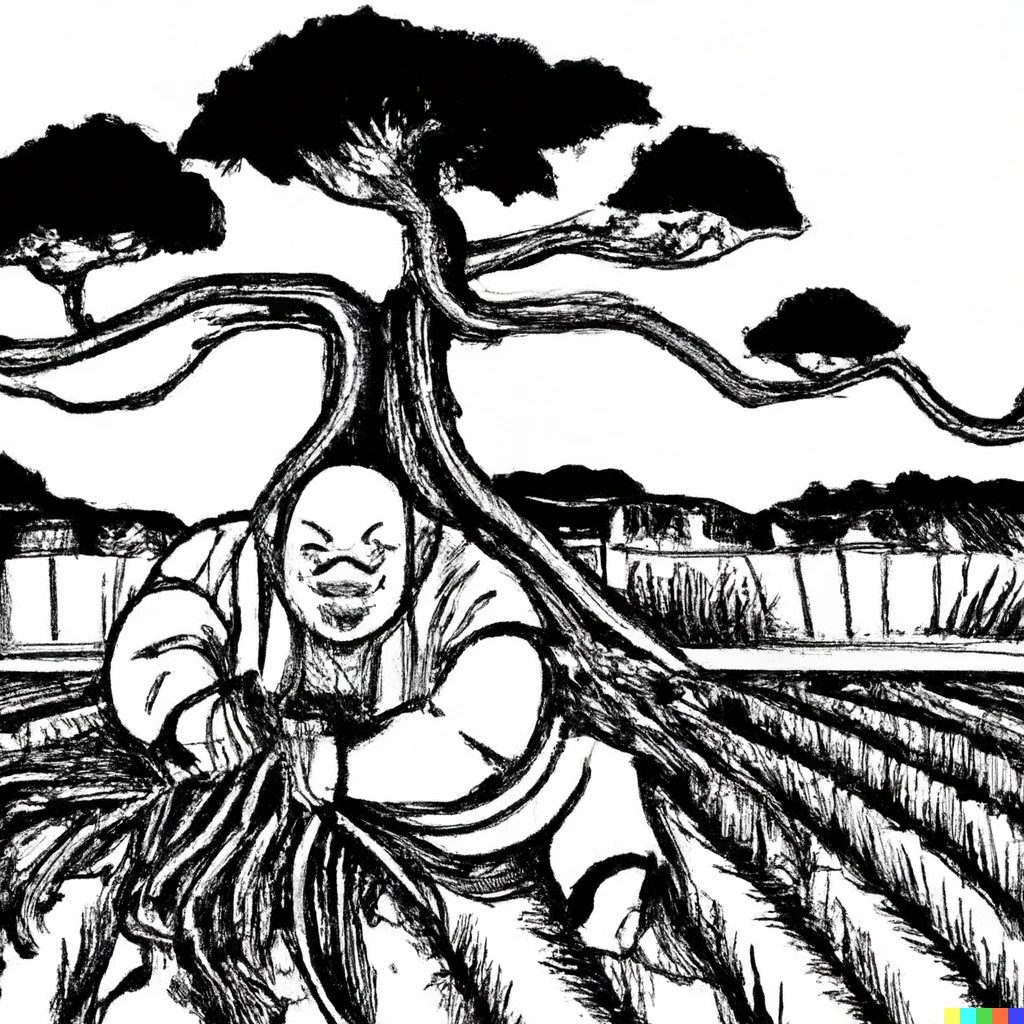 Prompt: A woodcut of a sumo wrestler fighting the roots of an ancient tree in a rice field.