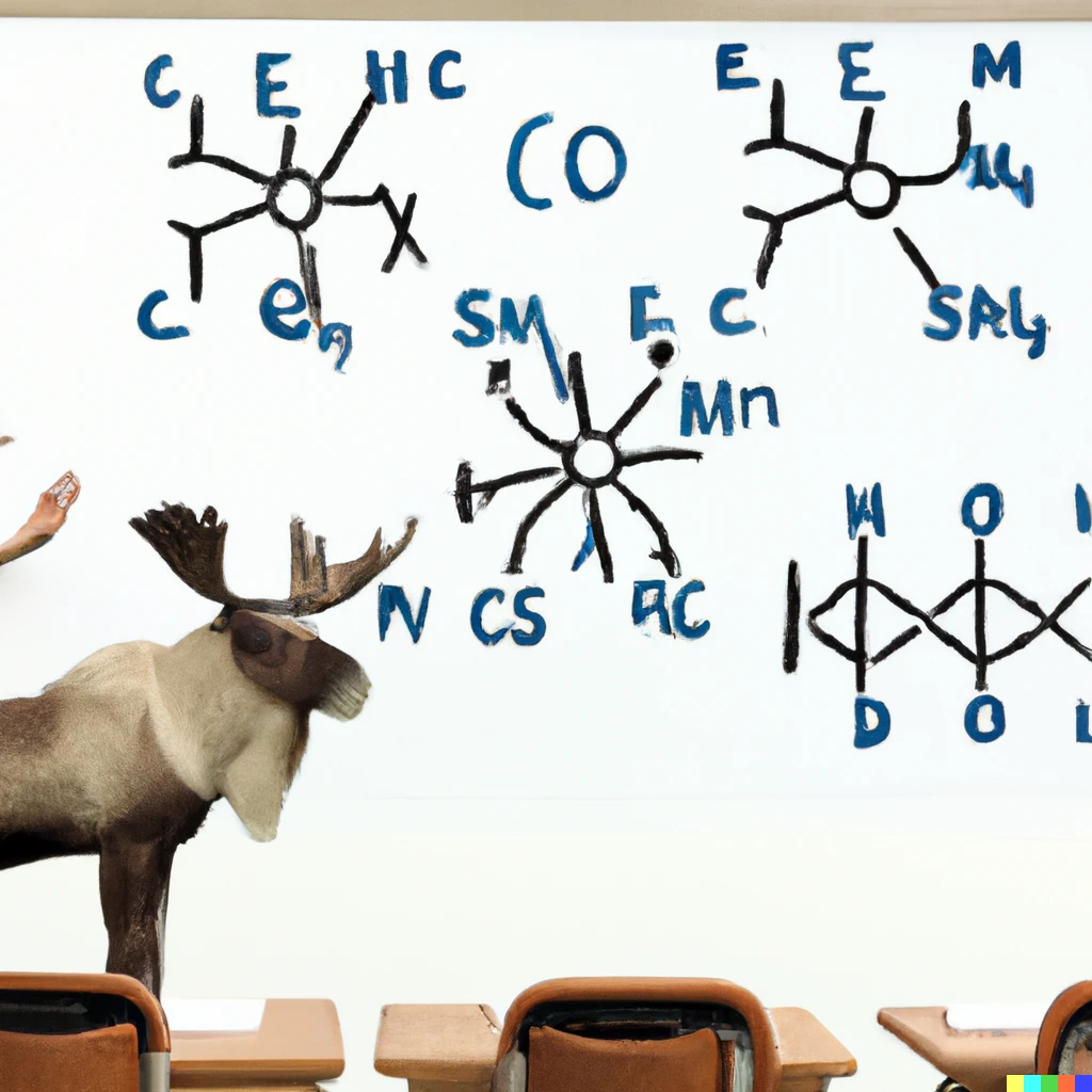 Prompt: A Caribou in a class room explaining Overconvergent Siegel Modular Symbols