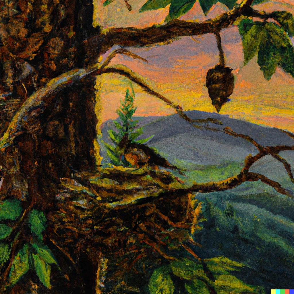 Prompt: In Impressionist oil painting of a relaxed bird sitting in a nest in a tall tree eating acorns & worms while watching the sunrise in the distant mountains