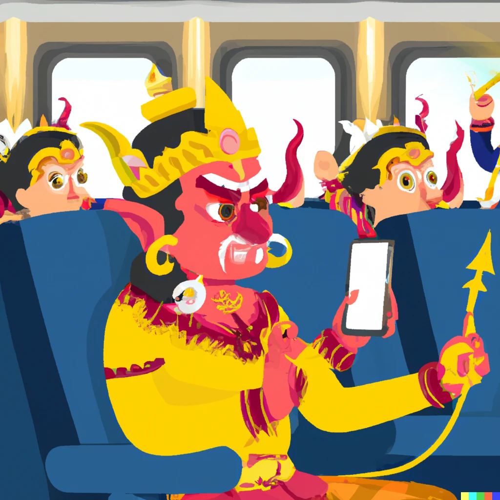 Prompt: ten-headed ravana sitting in first class in an airplane and checking his phone