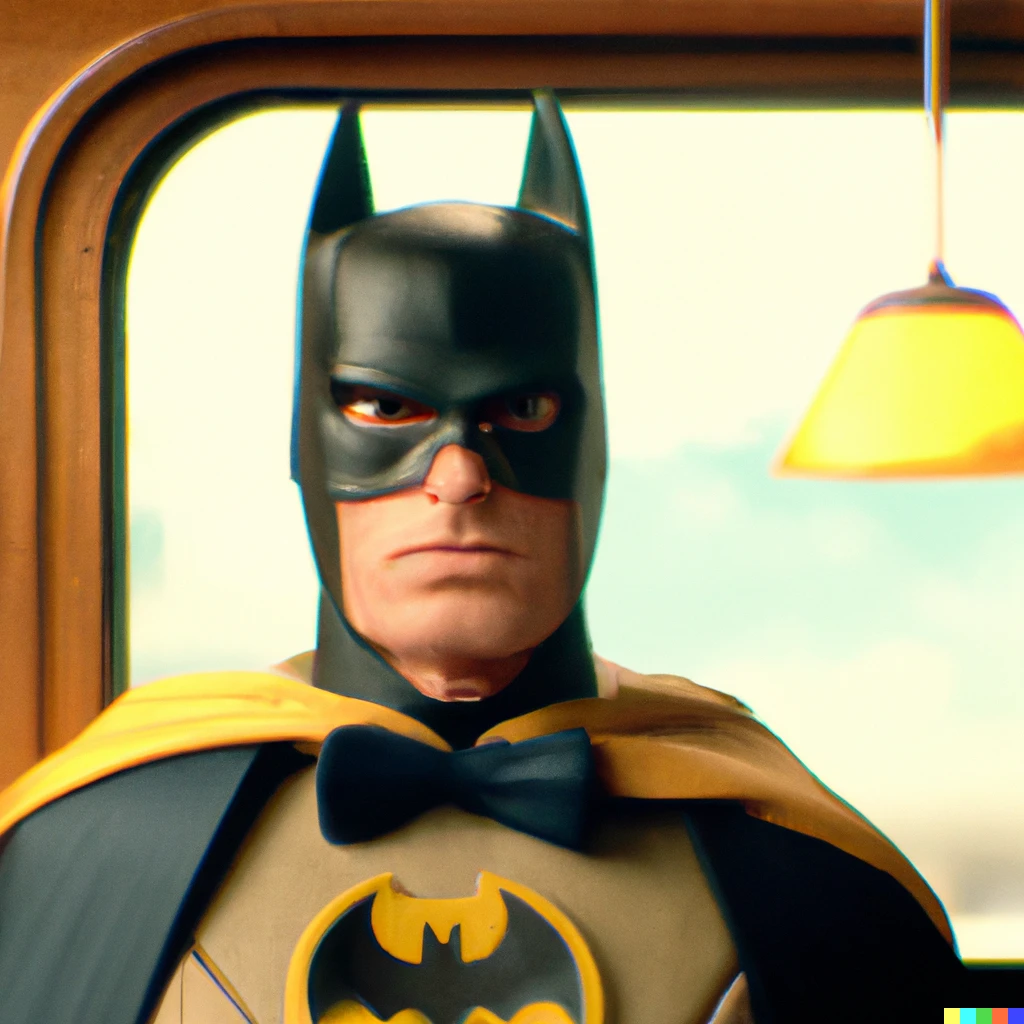 Prompt: A still image of Batman in a Wes Anderson movie