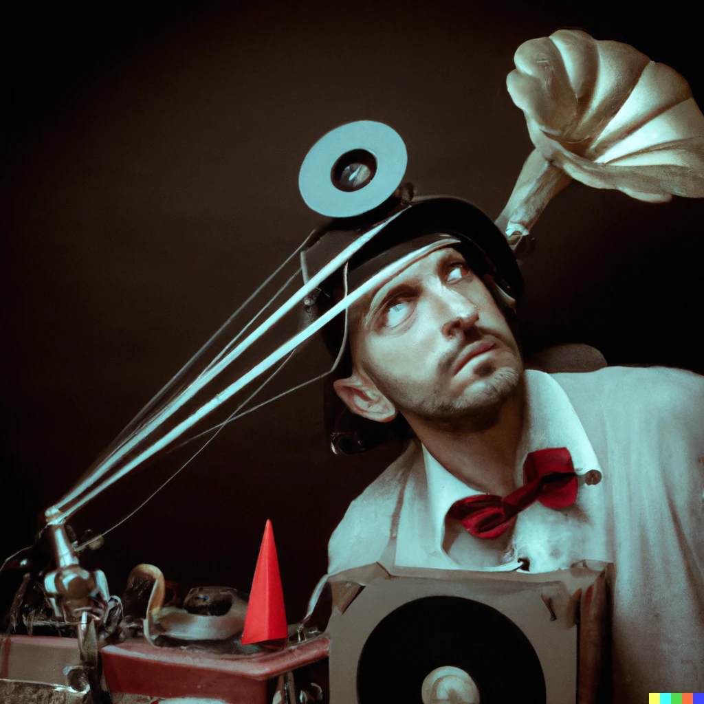 Prompt: A man with a gramophone and other wired objects on his head, sadly taking a look at the state of the world, all looks like a movie poster from the 20s.