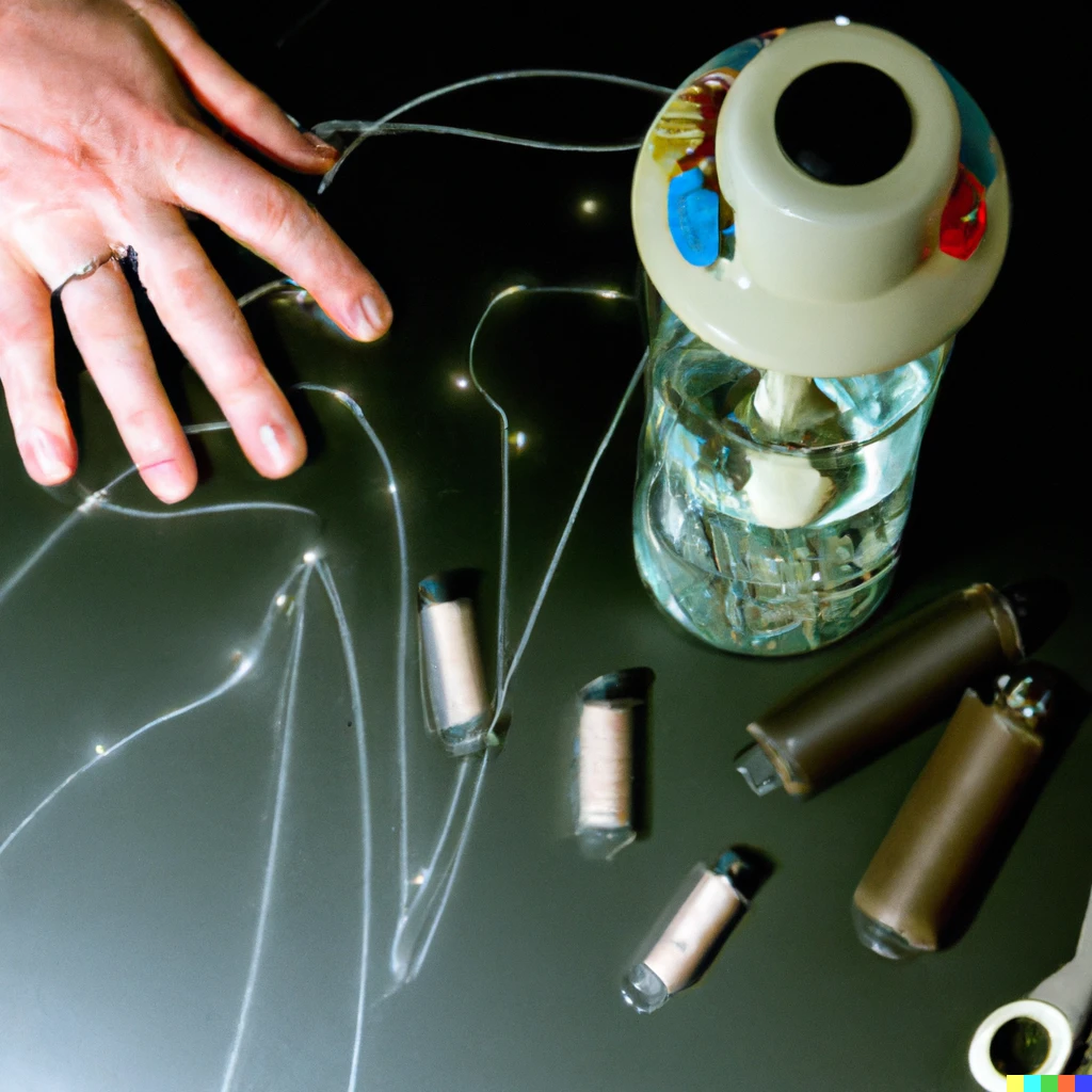 Prompt: A rayograph with drawing pins, a blender, a spool of wire, lots of glass threads and a hand.