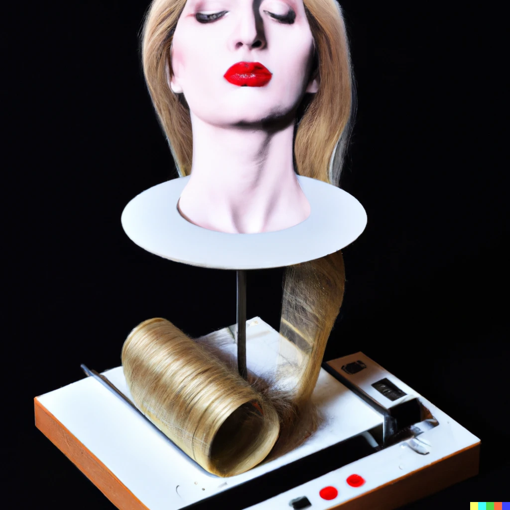 Prompt: A rayograph on black background with a wire spool, a wooden scale, isolated red lips and long blonde hair.