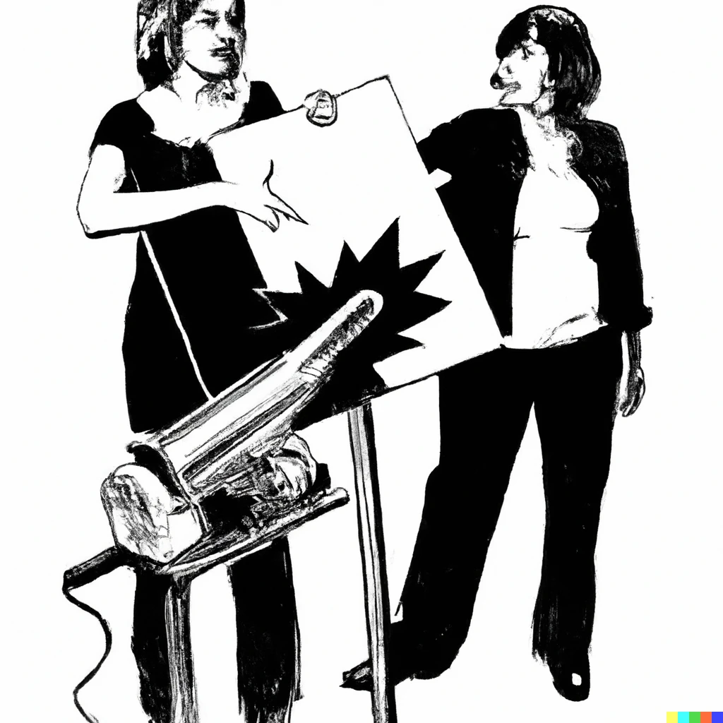 Prompt: A black and white rayograph of a woman holding a big and blank poster and a machine trigger her friend.